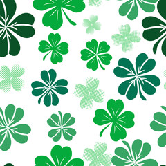 Happy Saint Patrick's day green seamless background. Green clover leaves pattern. Hand drawn. Not AI, vector illustration.