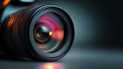 Camera lens in close-up reveals a textured focus ring and vibrant reflections in pink, orange and blue. Precision optical equipment highlighted against dark blur for photography and tech visuals.
