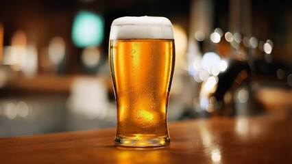 A cold glass of beer sits on a wooden bar in a dimly lit pub