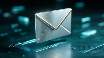 Metallic envelope icon with a golden flap floats over a glowing blue digital background, symbolizing email. Abstract visualization for electronic communication, cyber security and interface design.