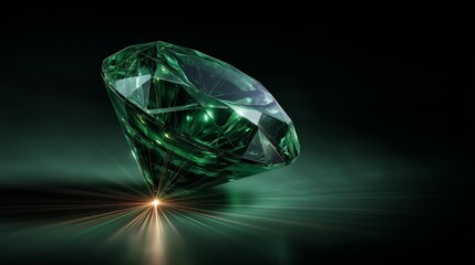 Polished green gemstone with radiant beams rests on a dark surface, showcasing a brilliant cut and internal clarity. Artistic visualization for jewelry design, gemstone quality and luxury themes.