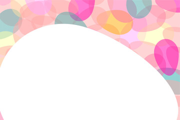 Horizontal layout with a large white curved area for text surrounded by a colorful Easter egg pattern.