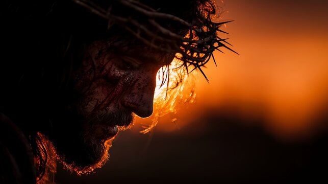 A dramatic depiction of Jesus Christ wearing a crown of thorns at sunset - Powered by Adobe