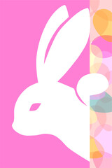 Creative composition with a white rabbit silhouette peeking from a pink solid background into an egg pattern.