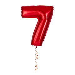 Vibrant Red Number 7 Shaped Helium Balloon for Birthdays, Valentine's Day, and Anniversaries &ndash; Isolated on Transparent Background; PNG