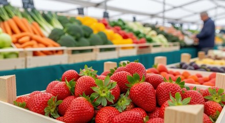 Abundant red strawberries prominently displayed at a bustling farmers market with fresh produce in the background