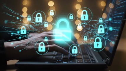 Hands typing on laptop keyboard with warm bokeh lights. Night scene. Digital security with lock symbols floating above the keyboard. - Powered by Adobe