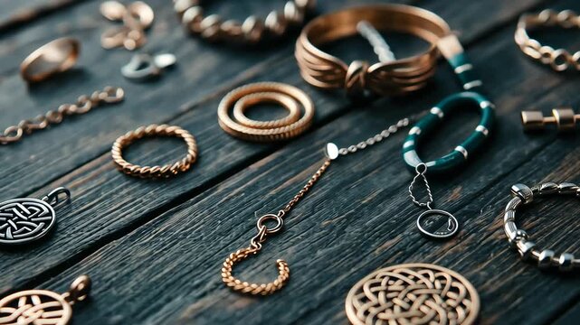 Rustic jewelry arrangement: bronze and silver accessories on wooden surface