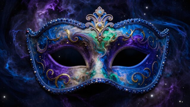 Mysterious cosmic Venetian mask sparkling with jewels, velvet, and gold swirls against a star-filled