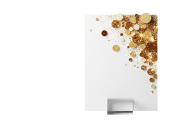 close-up macro of golden shimmering bokeh and reflective glitter on a sleek white panel supported by an acrylic block, substantial left copy space, isolated on gray, studio photo. Festive celebration