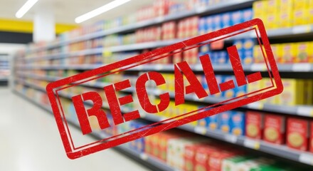 Red Recall Stamp Over Food Products on Grocery Store Shelves Removed
