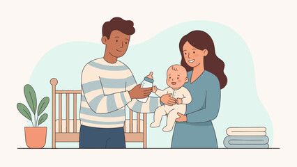 Happy young family parents feeding cute newborn baby with milk bottle. Mother father care for infant. Parenting childcare concept. Flat vector illustration. Home nursery relationship.
