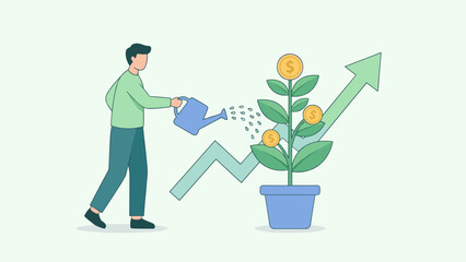Person watering money tree investment concept. Financial growth business profit. Man holding can nurturing plant with coins. Economic success wealth development vector illustration.