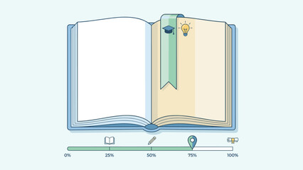 Open book with bookmark and reading progress bar concept. Educational flat vector illustration for school, learning and study. Knowledge tracking symbol for academic success.