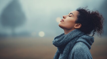 Woman engaging in deep breathing in morning fog, embracing mindfulness and serenity outdoors