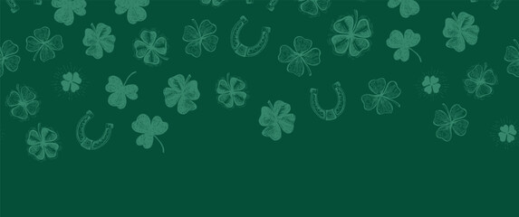 St. Patricks Day, clover pattern on green. Hand drawn illustrations