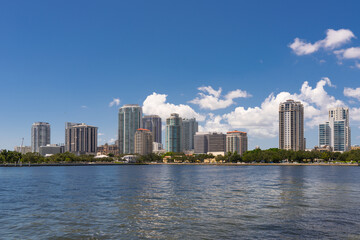 Naklejka premium St. Petersburg Florida or Saint Petersburg FL. Panorama of American city. Downtown St. Pete Florida. Cityscape with Skyline or skyscrapers, buildings. United State America. Landscape USA photographer.