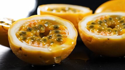 Vibrant and juicy passion fruits cut in half showcasing their exotic golden pulp and dark seeds with delicious liquid dripping ready for a refreshing tropical culinary experience or healthy snack.