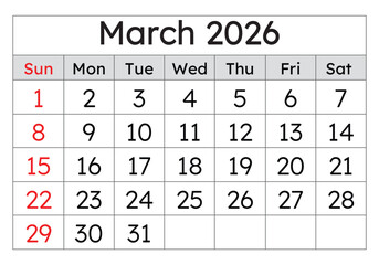 March 2026 calendar. Vector English monthly calendar page. Spring month