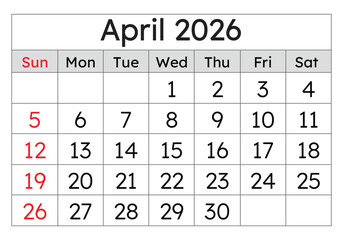April 2026 calendar. Vector English monthly calendar page. Spring month