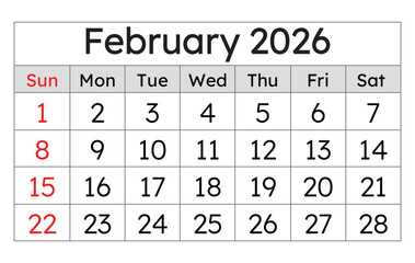 February 2026 calendar. Vector English monthly calendar page. Winter month