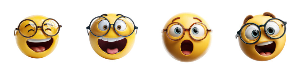 3D Funny Emoji Faces with Glasses and Happy Surprised Expressions for Social Media Reactions, Education Content, Chat Messaging, Mobile App Interface, UI UX Design and Digital Communication