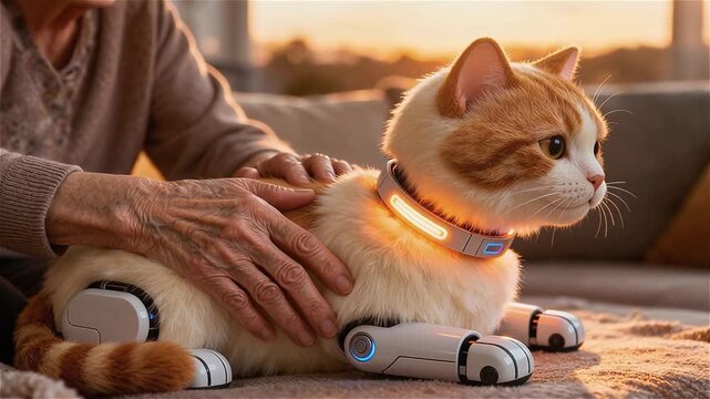 Anciana acariciando suavemente un gato robótico 