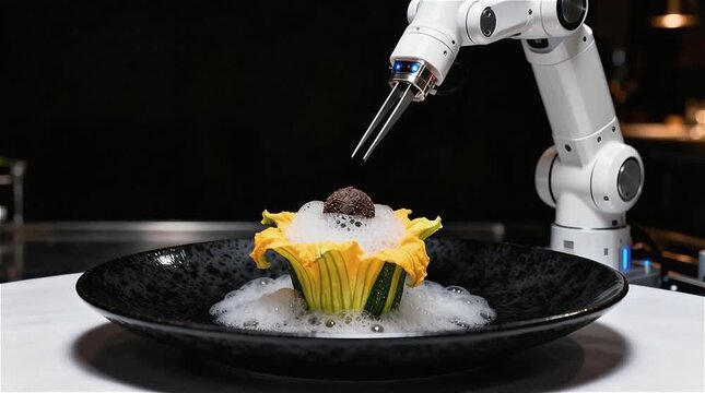 Un brazo robótico  sostiene una pinza diminuta colocando una esfera de esencia de trufa sobre una flor 