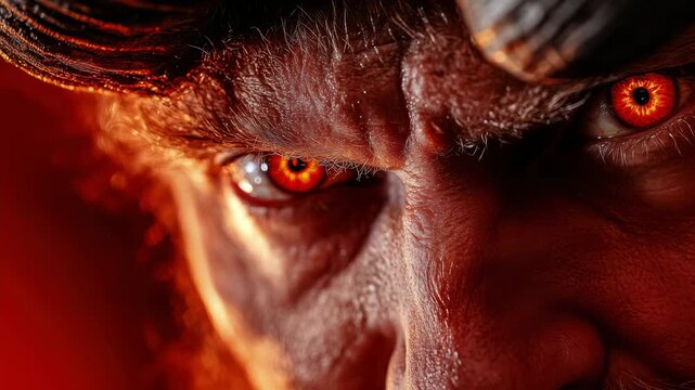 Intense fiery gaze of mythical beast in dramatic closeup sequence