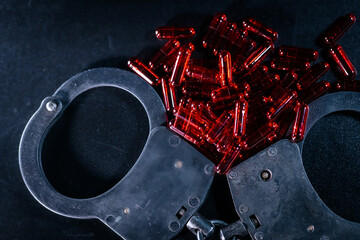 Handcuffs resting on a dark surface, surrounded by vibrant red capsules, symbolizing themes of crime, justice, and the consequences of substance use in a dramatic composition