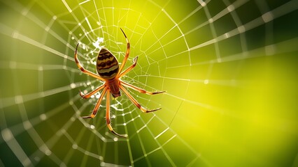 transmigration. A spider mending its intricate web with glistening threads in morning light. wildlife magazines, conservation campaigns, designed for eco-tourism storytelling.