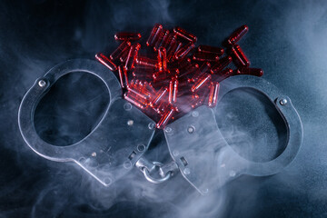 Handcuffs resting on a dark surface, surrounded by red capsules, with smoke swirling around,...