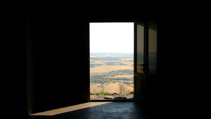 cowboyboots. An open doorway framing a bright landscape outside, contrasting with a dark interior. travel magazines, destination branding, designed for travel destination branding.