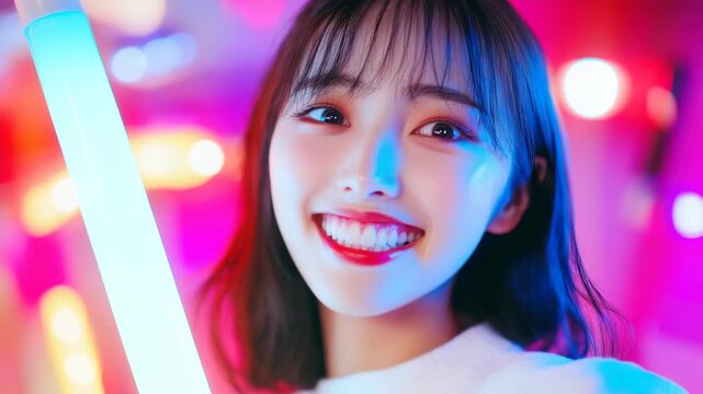 Vibrant neon joy: smiling woman with lightsaber in colorful lights