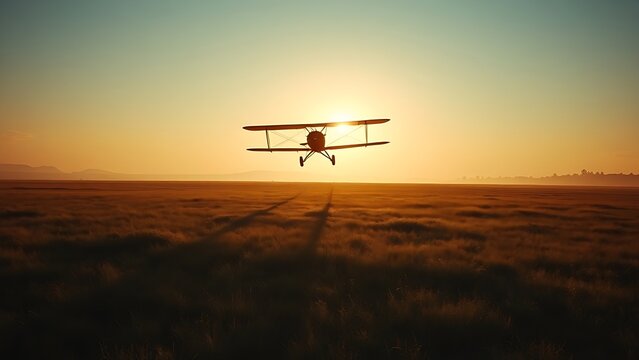 sardonyx. Early biplane flying over grassy field at dawn, long shadow sweeping across the ground. mobility guides, transit brochures, designed for transport & logistics marketing.
