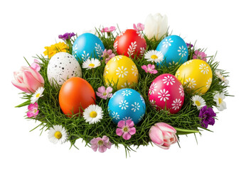 Photorealistic macro shot of vibrantly patterned easter eggs nestled in lush green grass, daisies, and pink tulips, isolated on transparent background with bokeh, concept of festive easter holiday