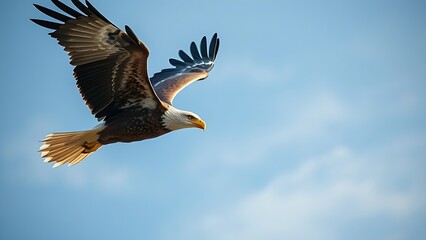 subjugating. Eagle soaring high in clear sky with sharp gaze focused on ground movement. wildlife magazines, conservation campaigns, designed for wildlife conservation campaigns.