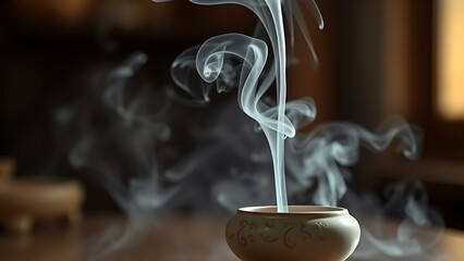 soliloquy. White smoke rising from a simple ceramic incense burner in soft indoor light. event programs, museum guides, designed for cultural heritage projects and event programs, supports education.