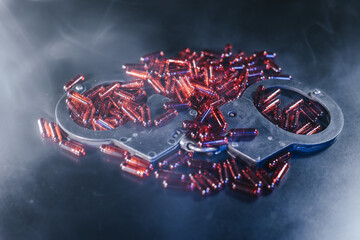 Metallic handcuffs resting on a dark surface surrounded by scattered red capsules, creating a dramatic and intriguing visual narrative about crime and justice themes