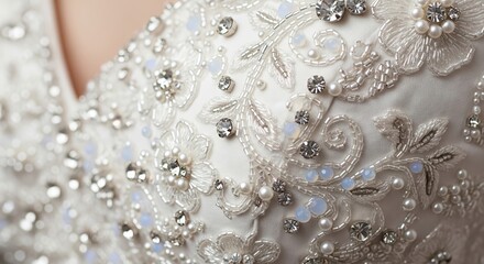 Close up of a detailed white wedding dress with intricate beadwork, pearls, and rhinestones. Elegant bridal gown for special occasion and celebration design.