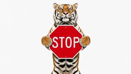 tiger holding a red stop sign, road sign, solid white background