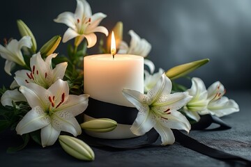 A white candle and lilies with a black ribbon &ndash; an elegant memorial arrangement for remembrance and commemoration. AI generated.