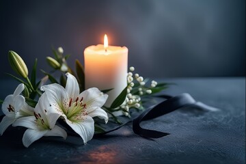 A white candle and lilies with a black ribbon &ndash; an elegant memorial arrangement for remembrance and commemoration. AI generated.