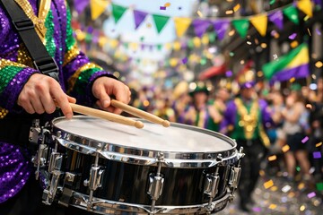 Mardi gras celebration with drummers and colorful flags on a vibrant street scene. concept of festive parade, musical performance, cultural festival