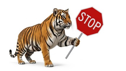 tiger holding a red stop sign, road sign, solid white background