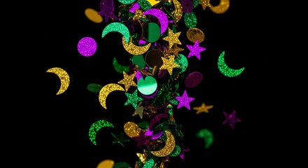 Obraz premium Falling Mardi Gras confetti with glittery stars and moons. Festive celebration decoration for holiday background or party invitation.