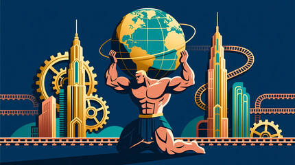 Muscular man holding the globe with city buildings and gears in the background