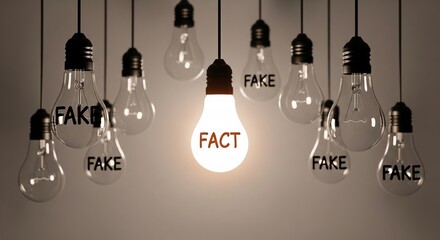 One glowing light bulb with the word fact among many dim light bulbs labeled fake. Concept of distinguishing truth from misinformation in news.
