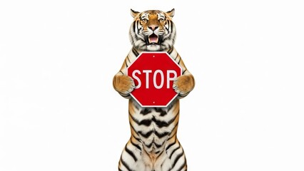 tiger holding a red stop sign, road sign, solid white background