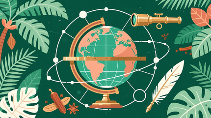 Vintage globe and telescope surrounded by tropical foliage and spices